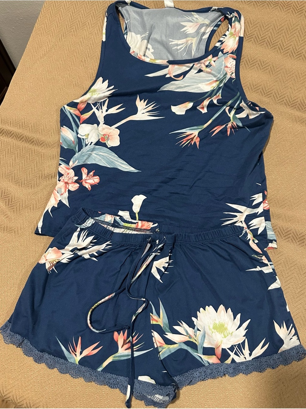 Women's Blue Floral Lounge Set Tropical Tank Top & Drawstring Shorts Pajama Set